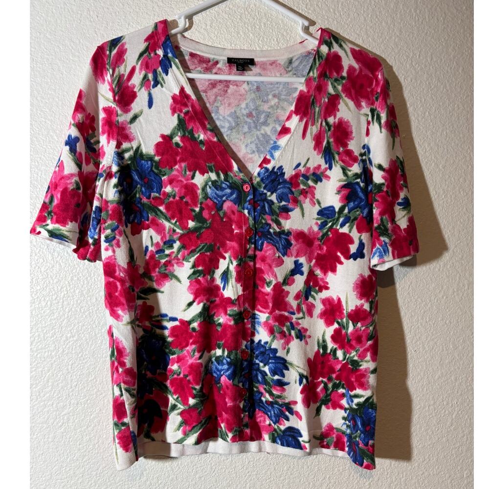 Talbots Size M Petite Floral Short Sleeve Cardigan Sweater V-Neck Button-Front